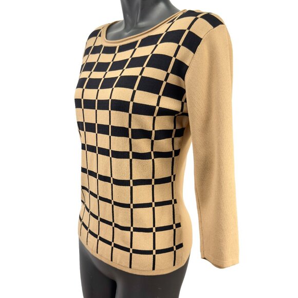 VALENTI VTG Designer Academia Windowpane Scoop Neck Camel/Black Knit Top Size XL - Picture 4 of 9